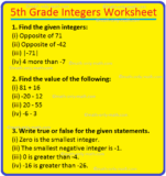 5th Grade Integers Worksheet | Addition and Subtraction of Integers