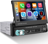 Single Din Flip Out Screen Car Stereo with Wireless Carplay and Android Auto, 7 inch 1 Din Touch Screen Radio Support Bluetooth/SWC/USB/FM + Backup Camera + Mic + Remote Control