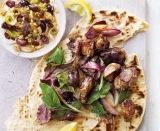 Lamb shish with olive and walnut tahini