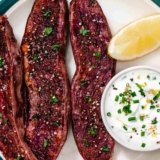 Roasted Purple Sweet Potato Halves with Lemon Chive Dip
